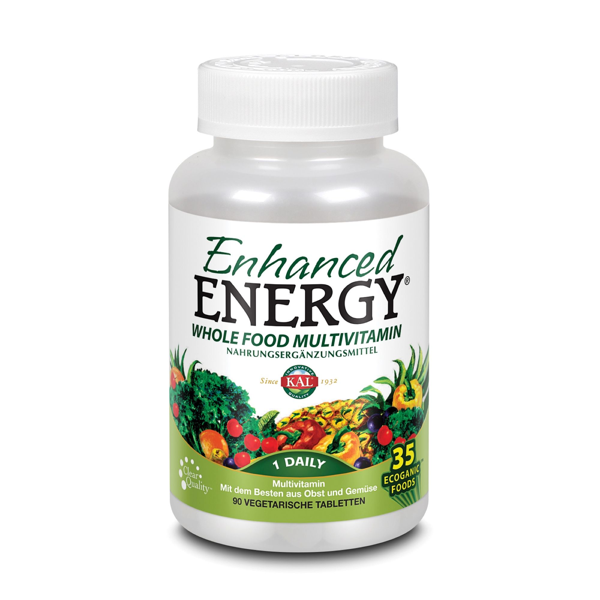 Eine Flasche Enhanced Energy Multivitamin. Aufschrift: Enhanced Energy, Whole Food Multivitamin. 90 Tabletten, 1 Daily.