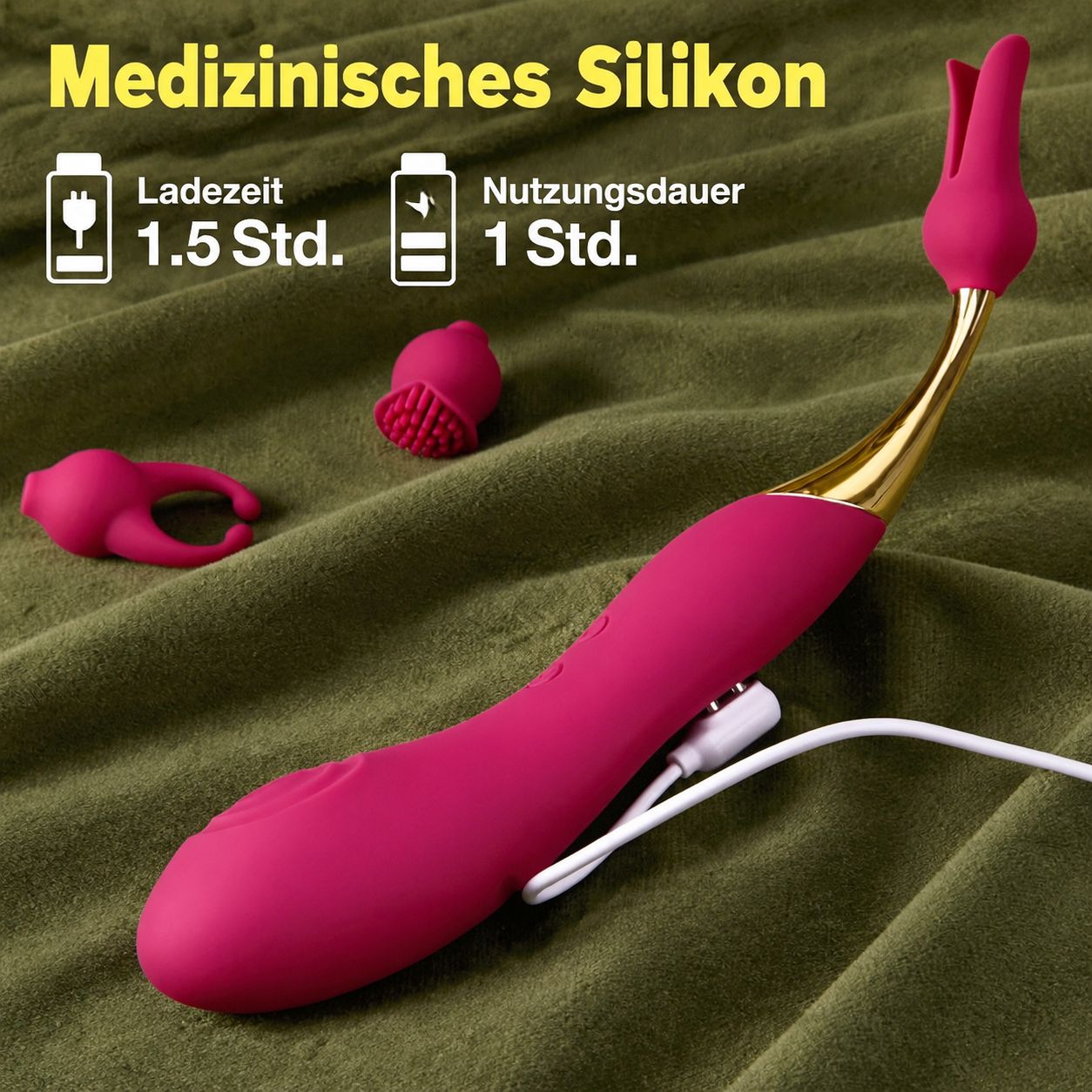 Lila Vibrator aus medizinischem Silikon, mit 2 Aufsätzen. Ladezeit 1,5 Std., Nutzungsdauer 1 Std.