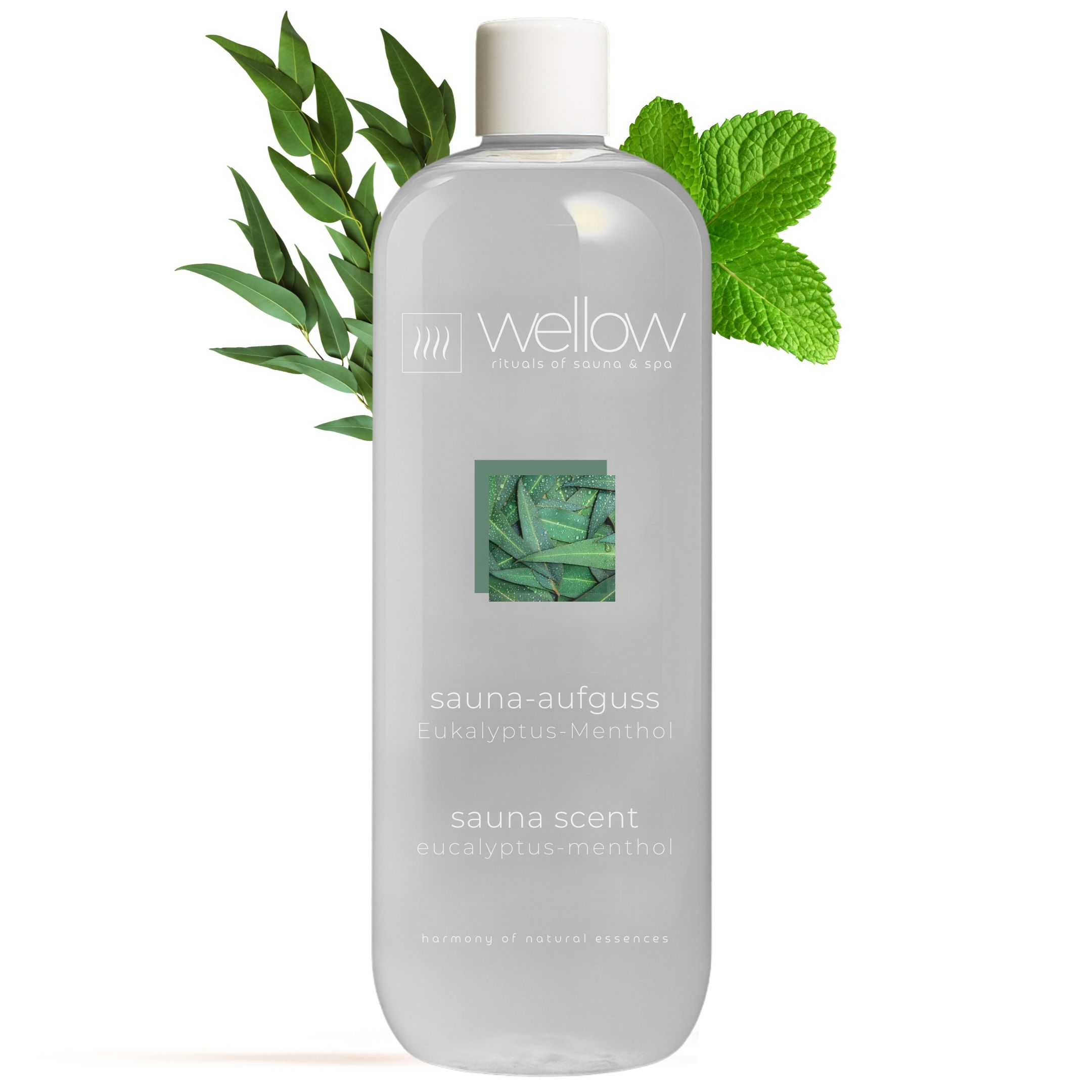 Klare Flasche mit weißem Deckel. Aufschrift: Wellow Sauna-Aufguss Eukalyptus-Menthol. Eukalyptus- und Minzblätter.