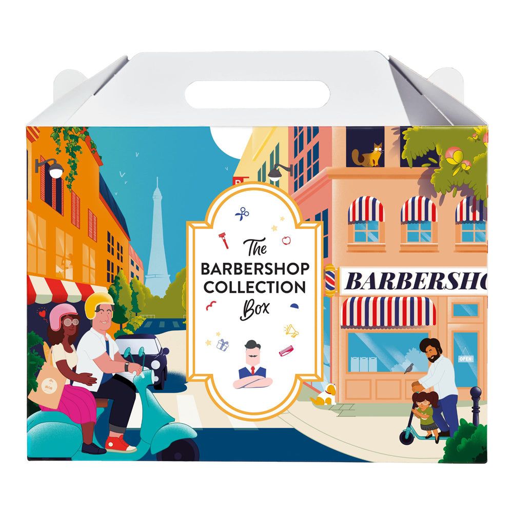 Kartonbox mit Illustration einer Stadtansicht und dem Schriftzug "The Barbershop Collection Box".