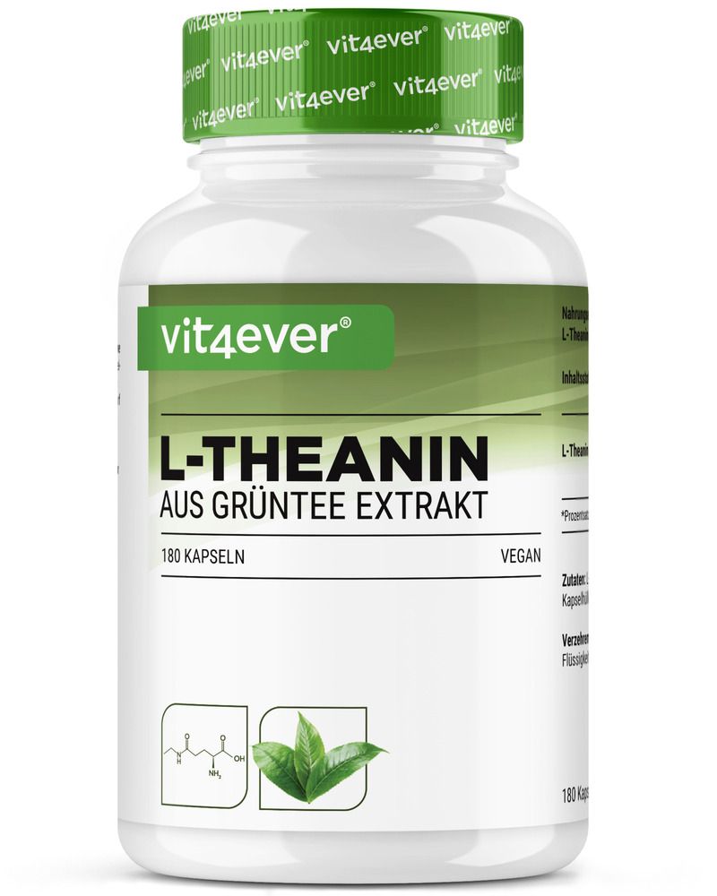 Weiße Flasche mit grüner Kappe. Aufschrift: vit4ever L-Theanin aus Grüntee Extrakt. 180 Kapseln. Vegan.