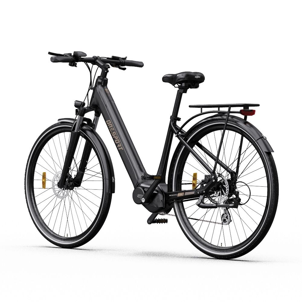 Schwarzes E-Bike mit zentralem Motor. Räder, Sattel, Gepäckträger und Lenker sind sichtbar. "ONESPORT" ist auf dem Rahmen.