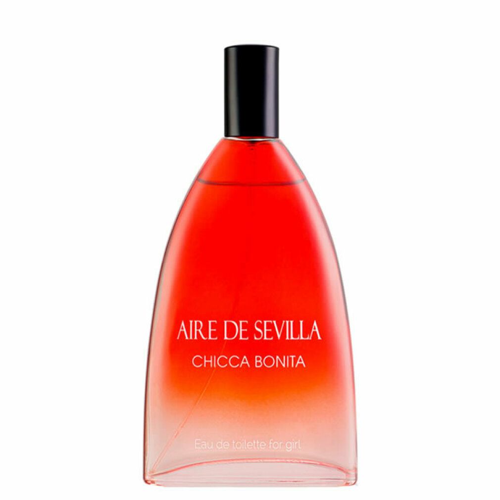 Parfümflasche, rot-weiß, schwarzer Deckel. Text: Aire de Sevilla Chicca Bonita. Eau de toilette for girl.