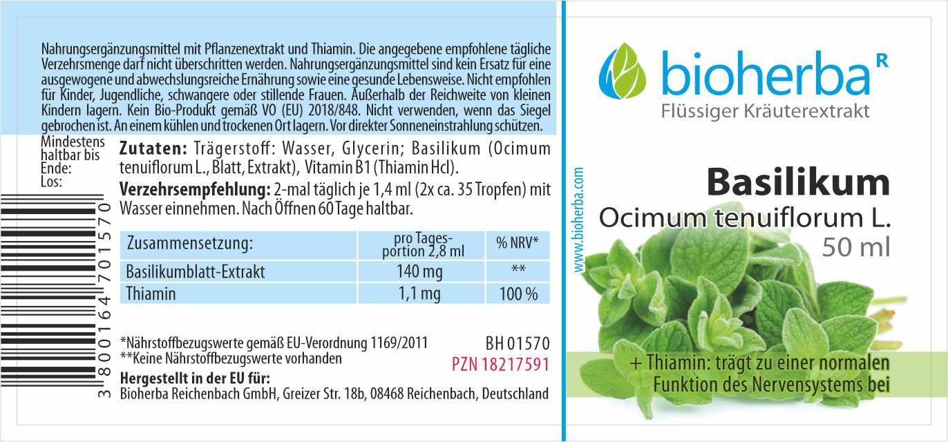 Etikett mit Produktinformationen. Enthält Basilikum (Ocimum tenuiflorum L.) und Vitamin B1. Text in deutscher Sprache.