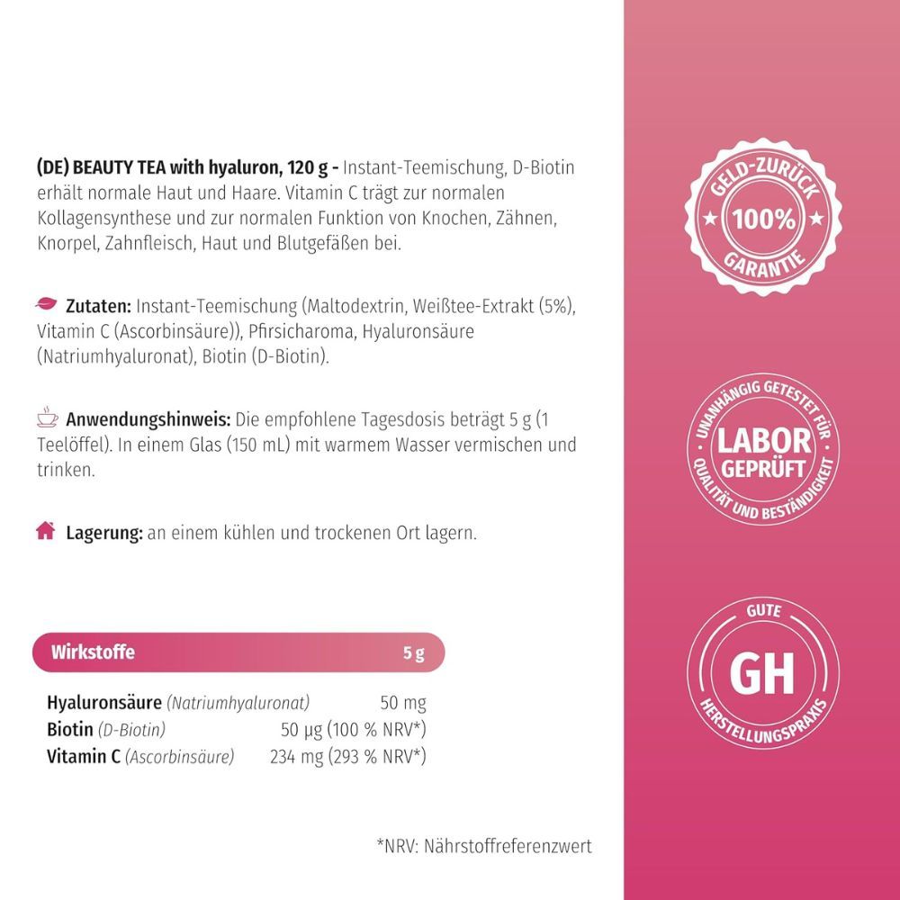Informationen zu Nature's Finest Beauty Tea mit Hyaluron: Inhaltsstoffe und Wirkstoffe.