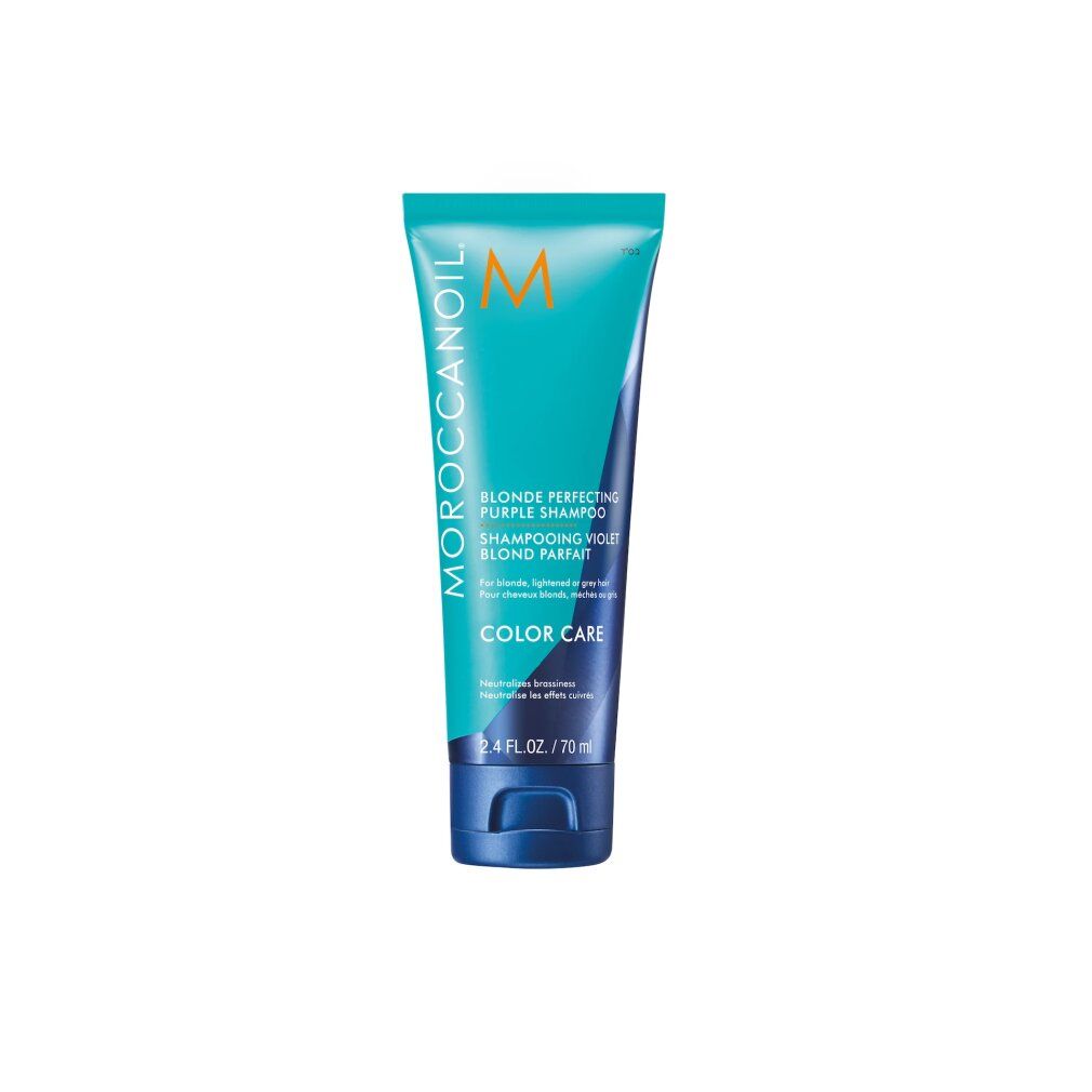 Türkise Tube mit Moroccanoil Blonde Perfecting Purple Shampoo, 70ml.