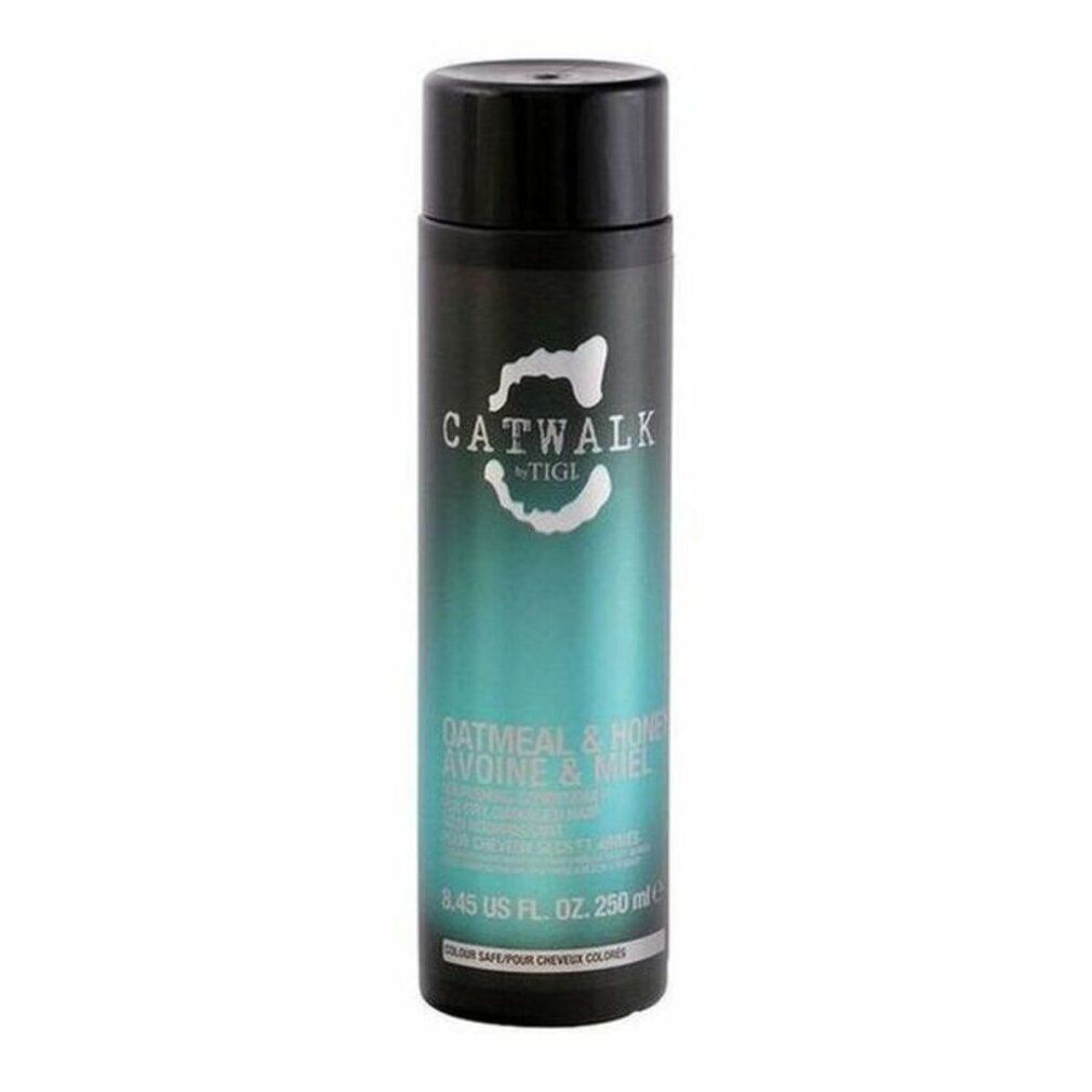 Kleine schwarze Flasche Conditioner. Aufschrift: CATWALK by TIGI, OATMEAL & HONEY. 250 ml. Für trockenes, strapaziertes Haar.