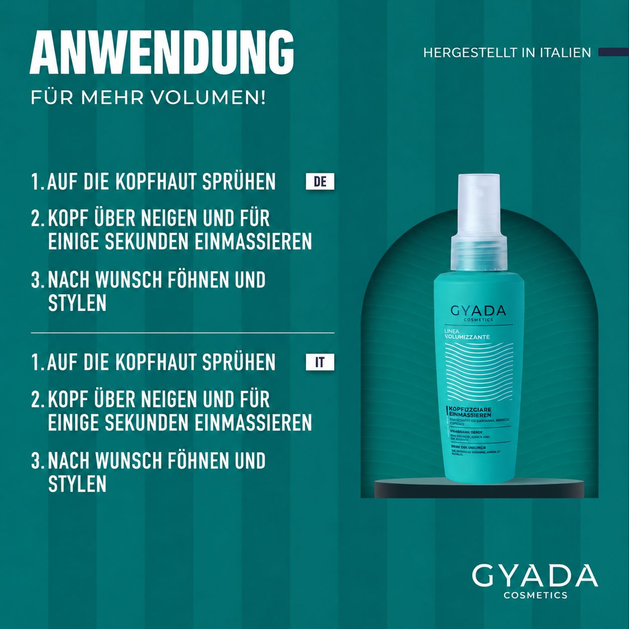 Anwendungshinweise für Volumen-Spray mit Flaschenabbildung.
