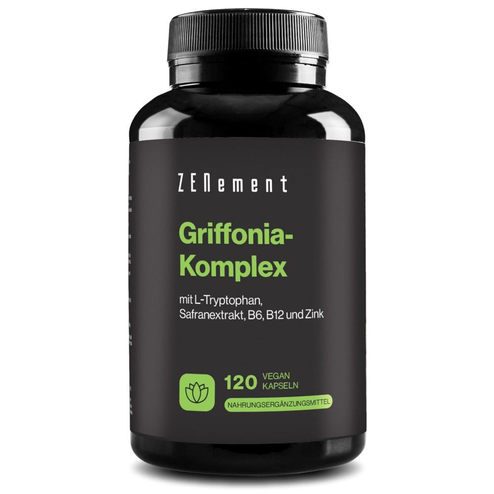 Schwarze Flasche mit grünem Etikett. Aufschrift: Zenement Griffonia-Komplex, 120 vegane Kapseln. Nahrungsergänzungsmittel.