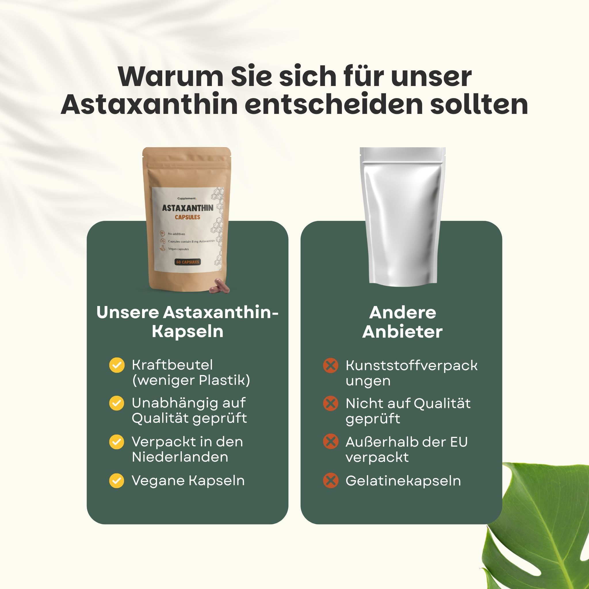 Vergleich: Astaxanthin-Kapseln in brauner Tüte vs. andere Anbieter. Text: „Kraftbeutel (weniger Plastik)“.