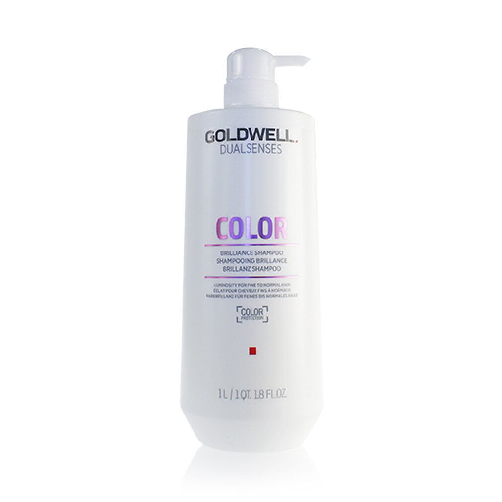 Weisse Flasche Goldwell Dualsenses Color Brilliance Shampoo mit Pumpe. Produktname und Logo sichtbar. 1L/1QT 1.8 fl.oz.