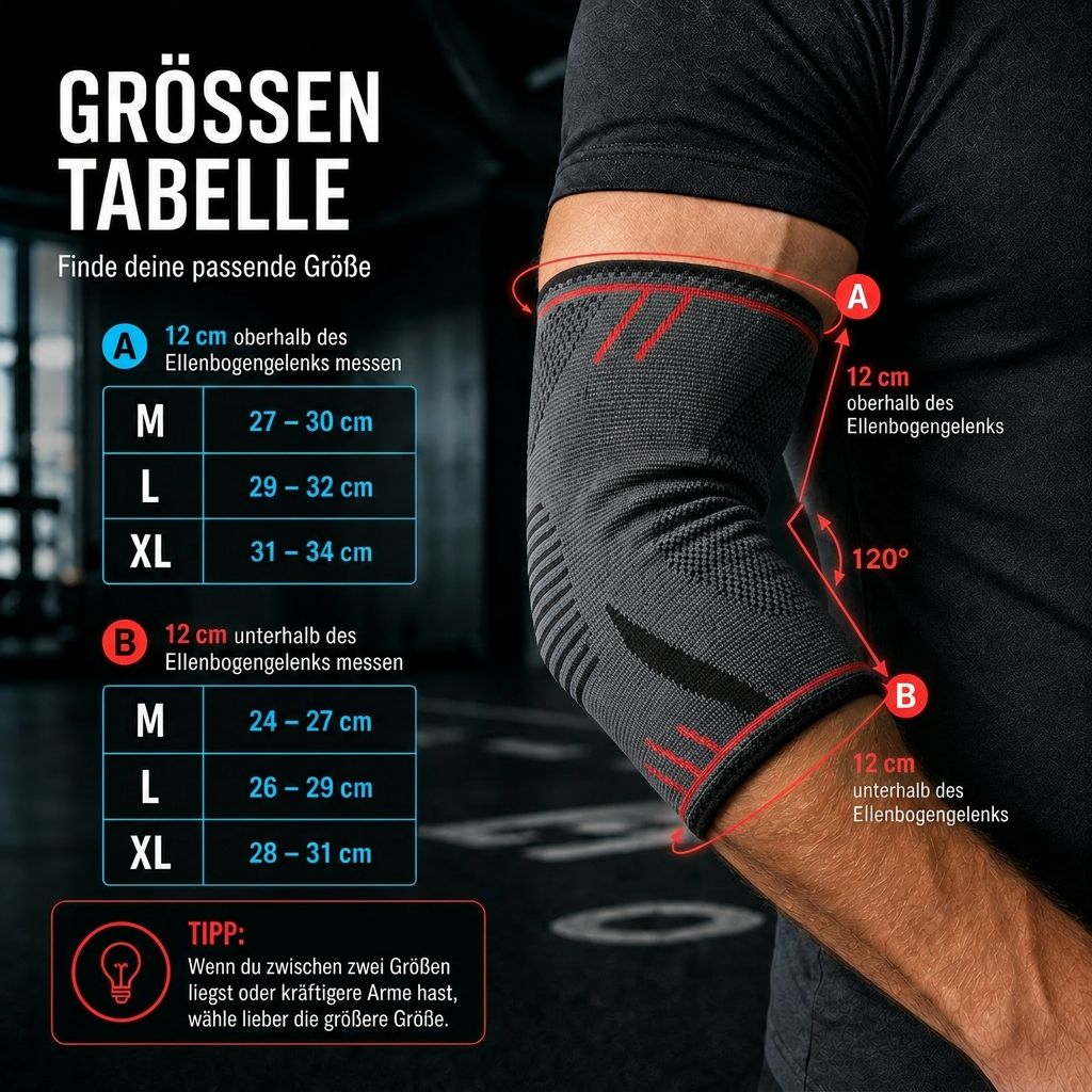 Größentabelle für Ellbogenbandage. Maße in cm. M, L, XL. Bandage am Arm. Messen oberhalb und unterhalb.