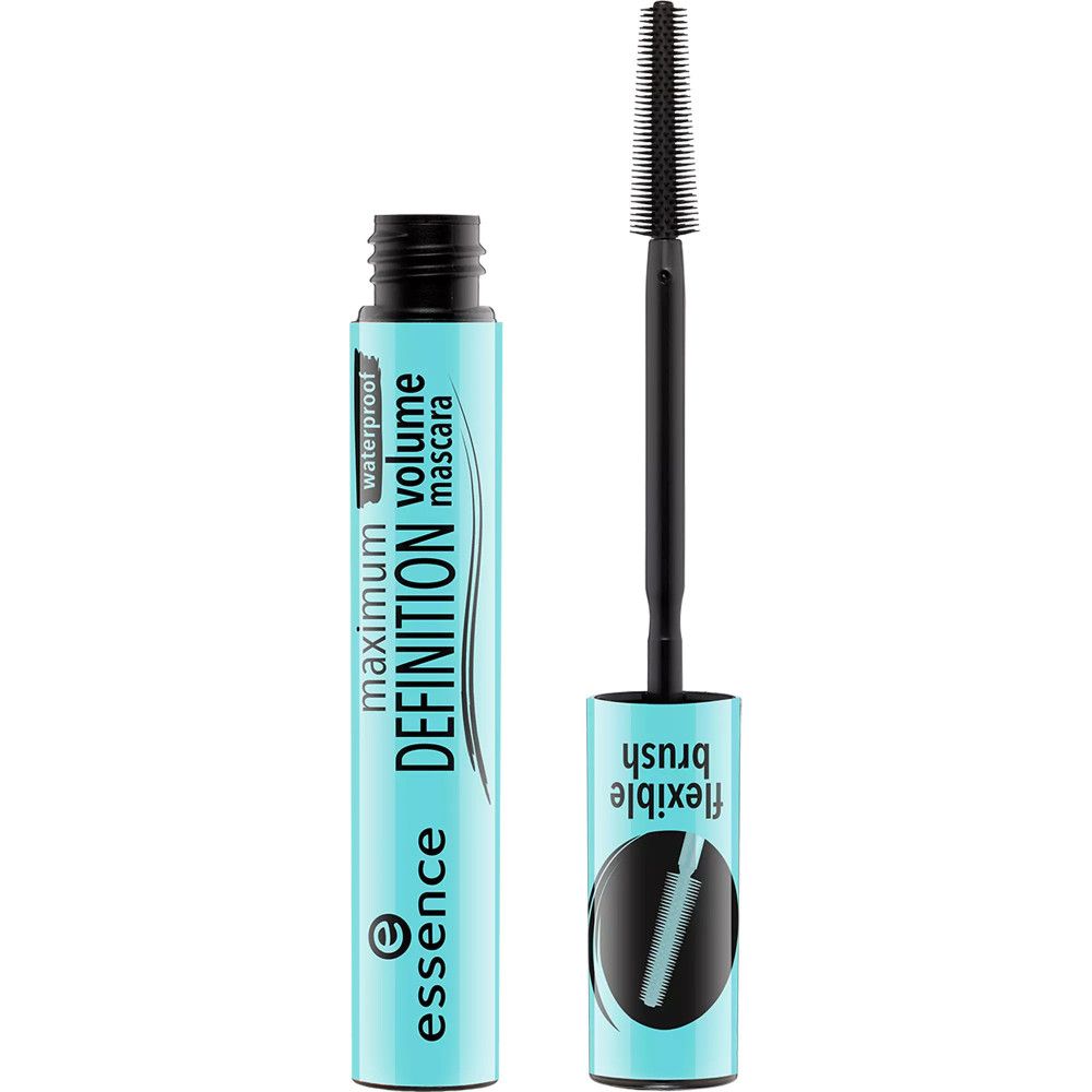 Türkisfarbene Mascarahülse und Bürste auf weißem Hintergrund. Aufschrift: maximum DEFINITION volume mascara, waterproof, flexible brush. Marke: essence.