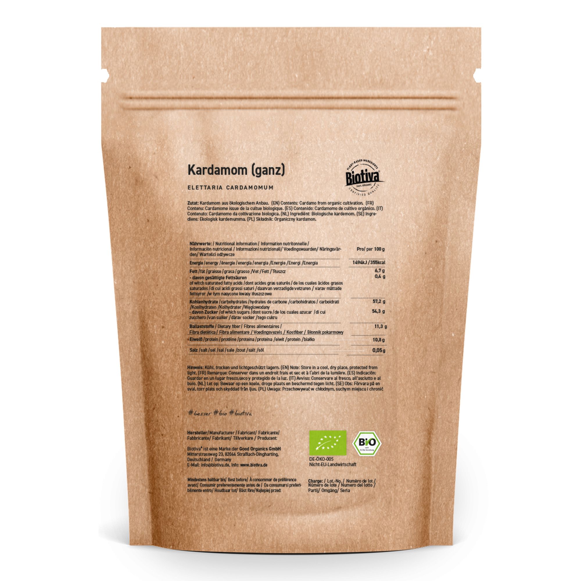 Braune Papiertüte mit Aufschrift "Kardamom (ganz)" und "Biotiva". Enthält Bio-Zertifizierung. Rückseite mit Nährwertangaben.