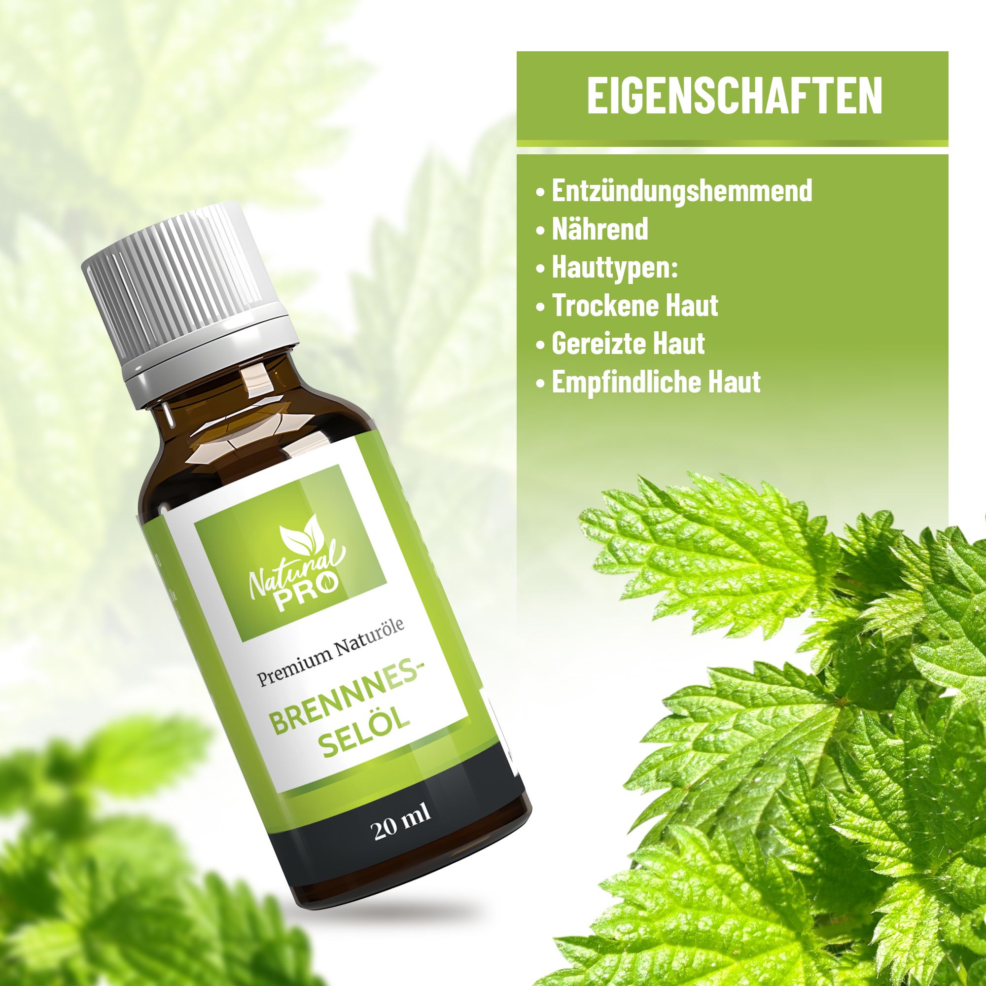 Braune Glasflasche mit weißem Deckel und grünem Etikett. Text: Brennnessel Öl, 20 ml. Eigenschaften: entzündungshemmend, nährend.