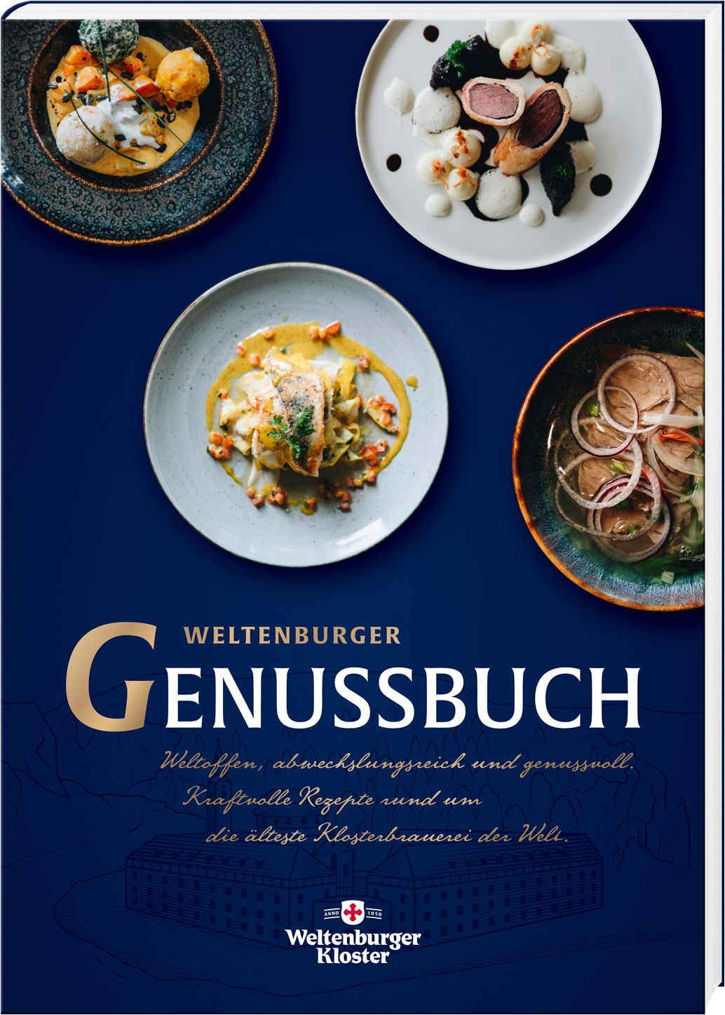 Buch "Weltenburger Genussbuch" mit Rezepten. Auf blauem Hintergrund, mit Tellern voller Speisen. Logo "Weltenburger Kloster".
