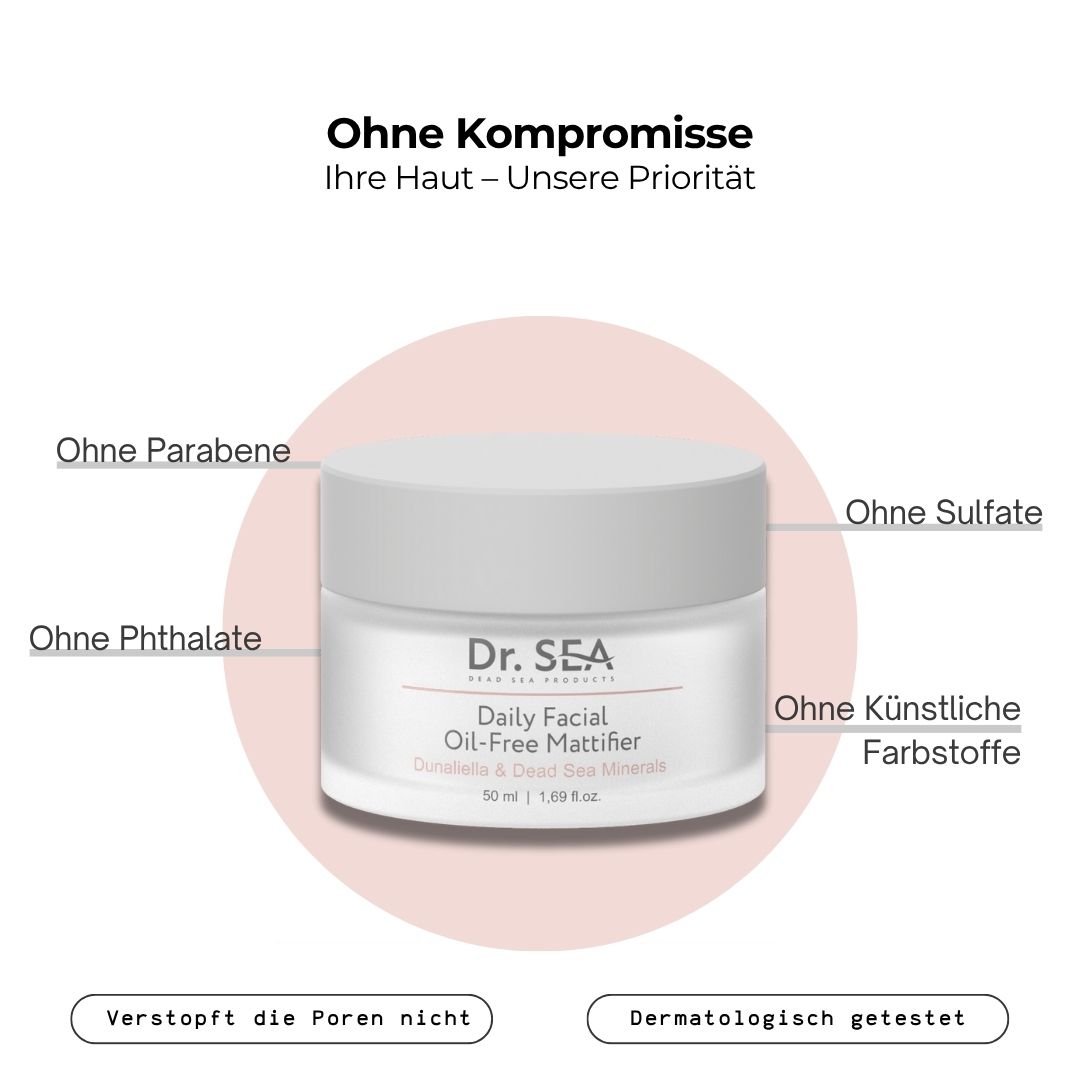 Creme-Tiegel mit Text. Text: Ohne Kompromisse, Ohne Parabene, Ohne Sulfate, Ohne Phthalate, Ohne künstliche Farbstoffe.