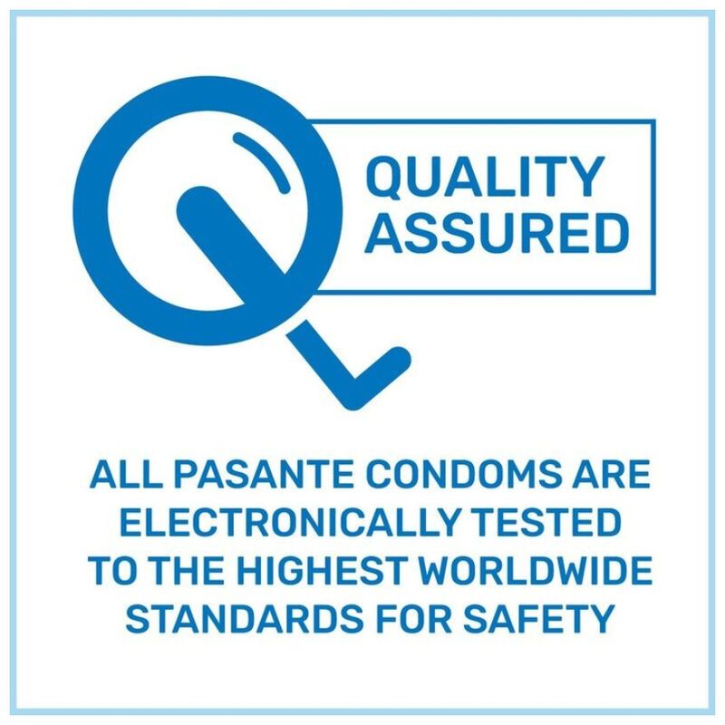 Blaues Logo mit Lupe und Text "QUALITY ASSURED". Text darunter: "ALL PASANTE CONDOMS ARE ELECTRONICALLY TESTED..."