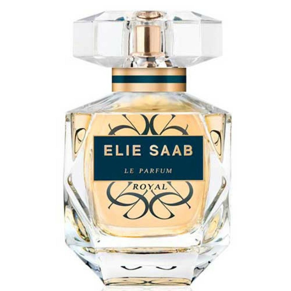 Elie Saab Le Parfum Royal Eau de Parfum Flakon. Glasflakon mit goldfarbenem Verschluss und blauer Beschriftung.