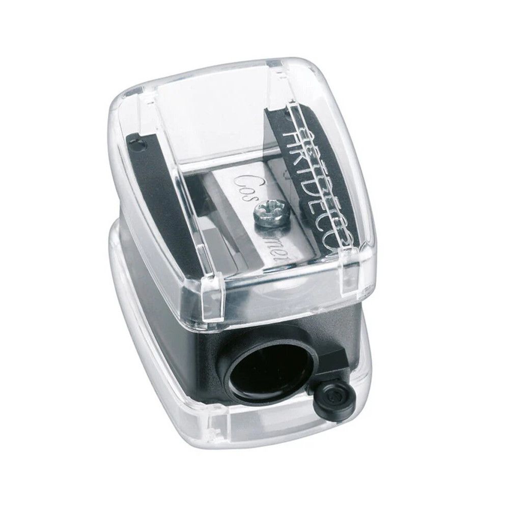 Schwarzer Spitzer mit transparentem Deckel. Auf dem Deckel steht "ARTDECO". Das Wort "Cosmetic" ist sichtbar.