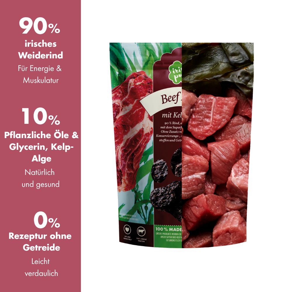 Verpackung 'Beef Bites mit Kelp-Alge' mit Qualitätsmerkmalen.