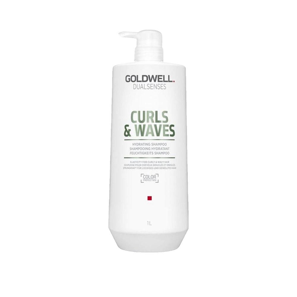 Weißer Shampoo-Behälter mit Pumpe. Aufschrift: Goldwell Dualsenses Curls & Waves. Hydrating Shampoo. Farb-Schutz-Logo. 1L.