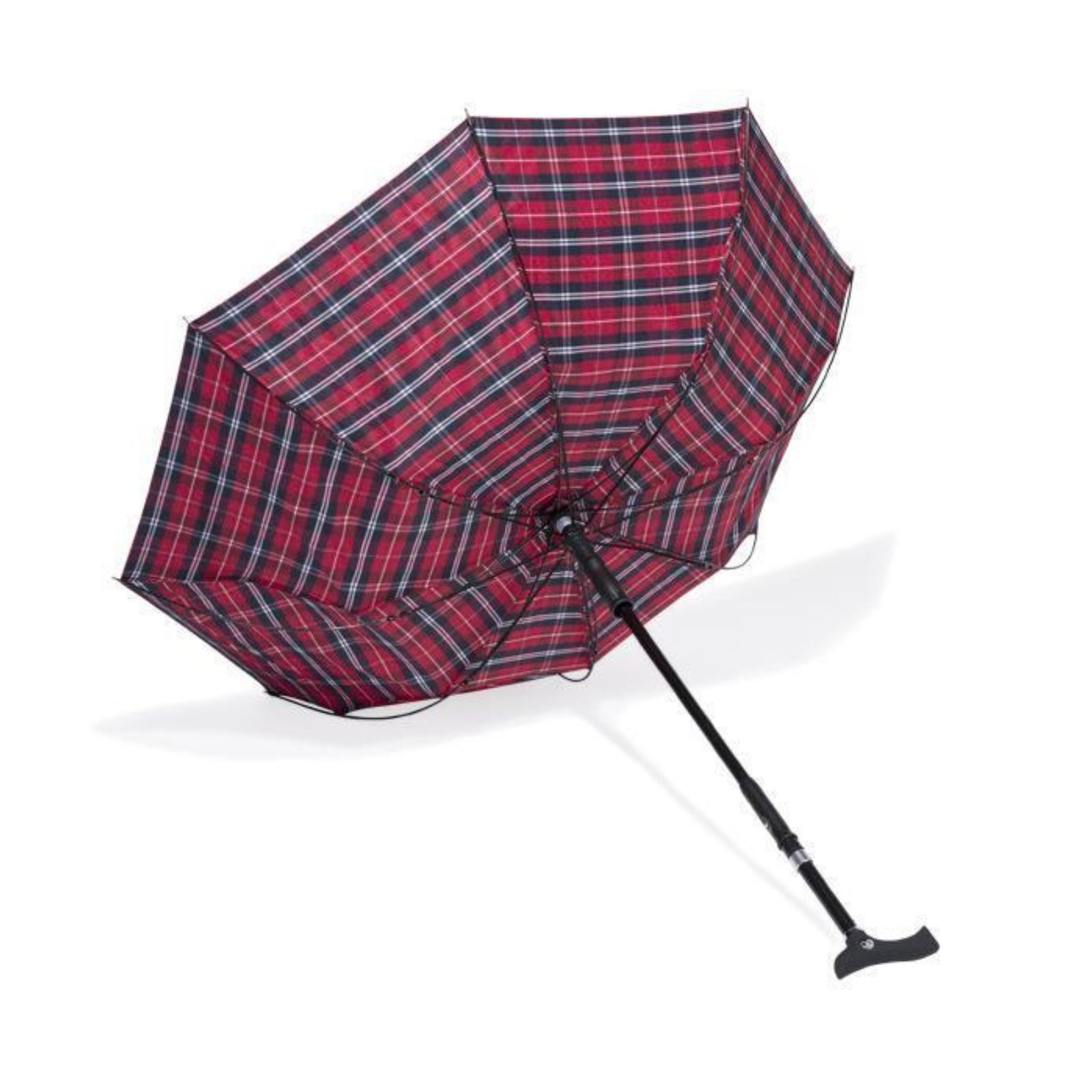 Regenschirm von unten gesehen. Rot-schwarzes Karomuster. Schwarzer Griff mit Krückengriff. Schwarzer Schaft.