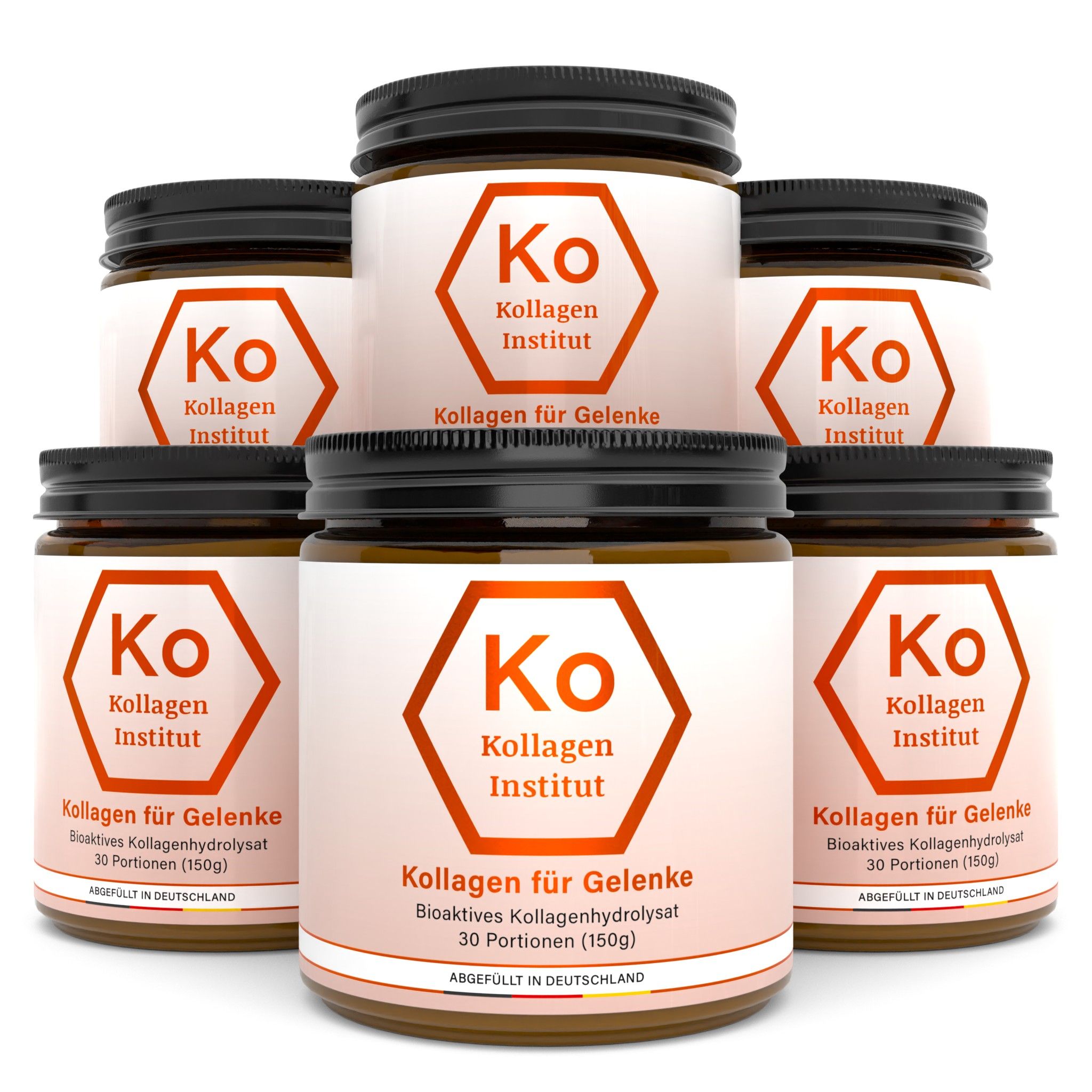 Fünf Gläser mit weißem Etikett, Kollagen für Gelenke, 30 Portionen (150g).