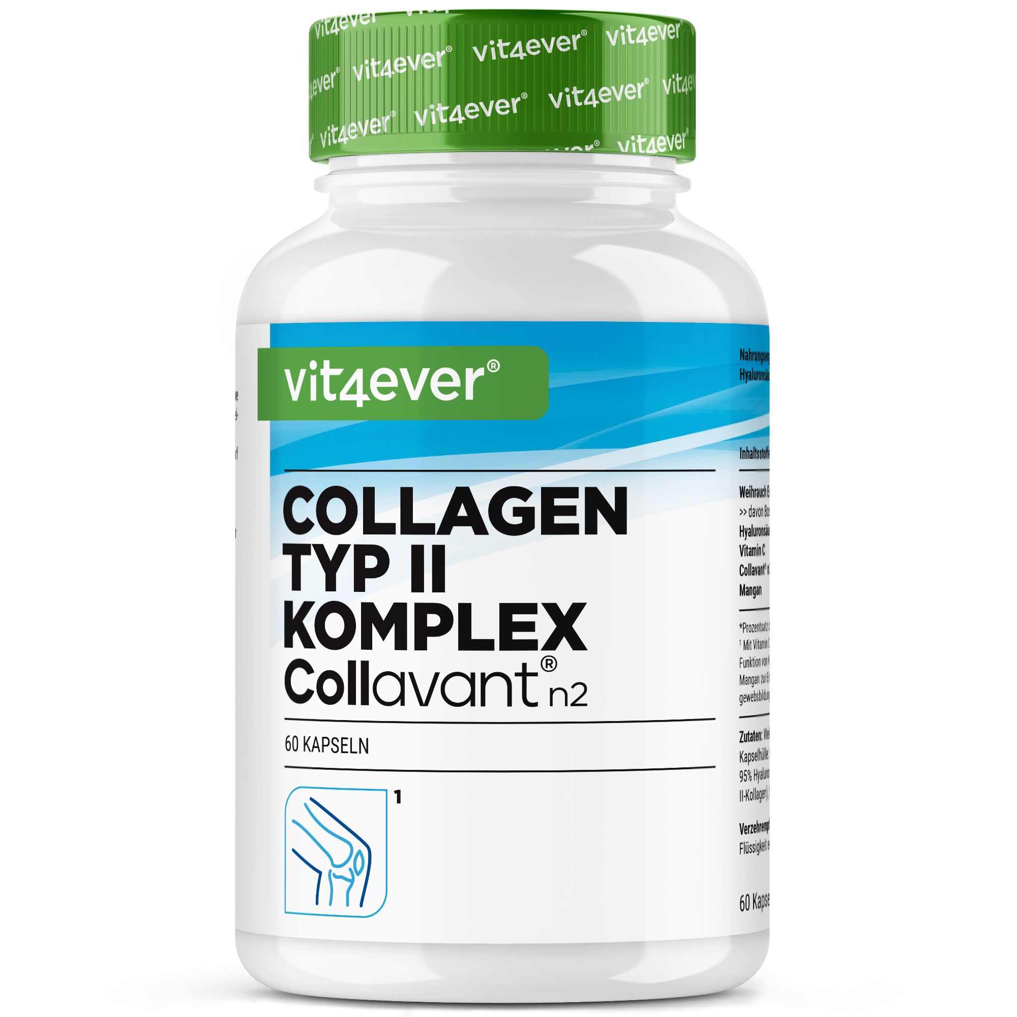 Weißes Pillenbehälter mit grünem Deckel. Etikett mit Produktinformationen: Collagen Typ II Komplex Collavant n2. 60 Kapseln. Vit4ever.