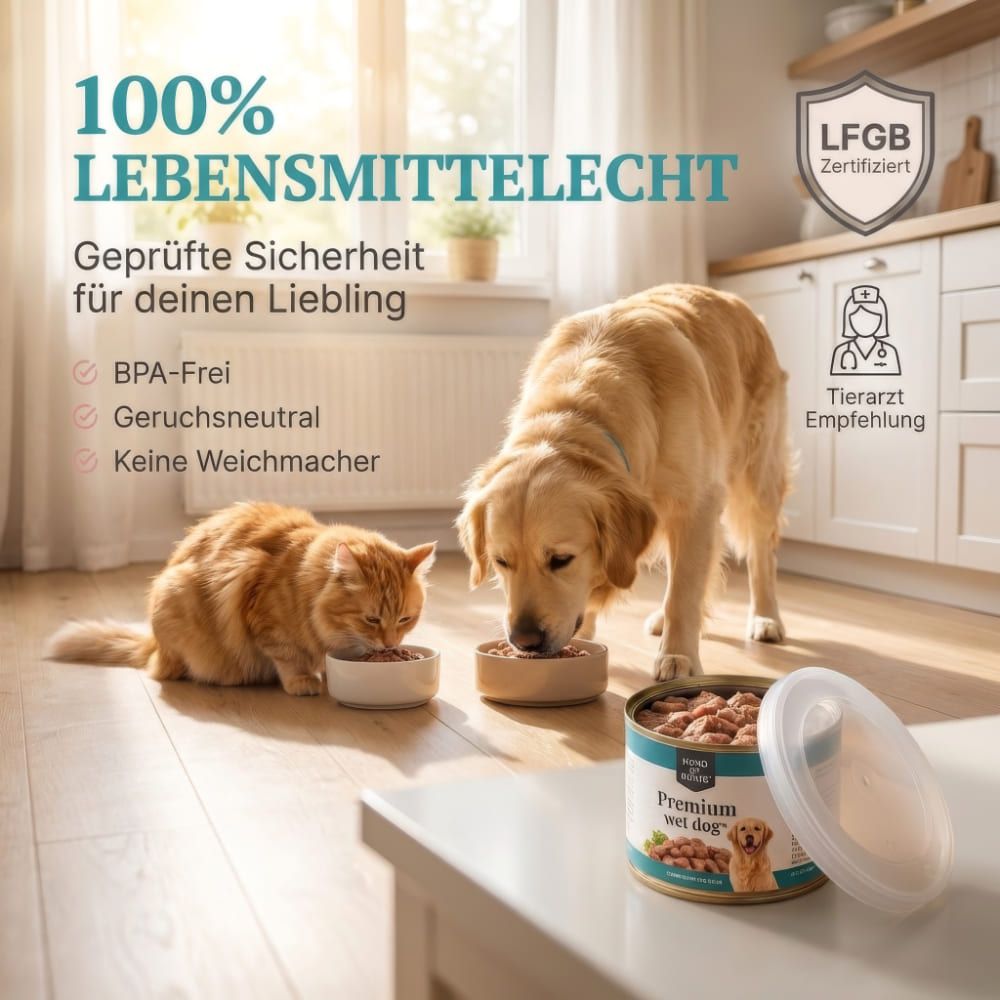 Katze und Hund fressen aus Napf. Aufschrift: 100% lebensmittelecht, BPA-frei, geruchsneutral, keine Weichmacher. Tierarzt Empfehlung.