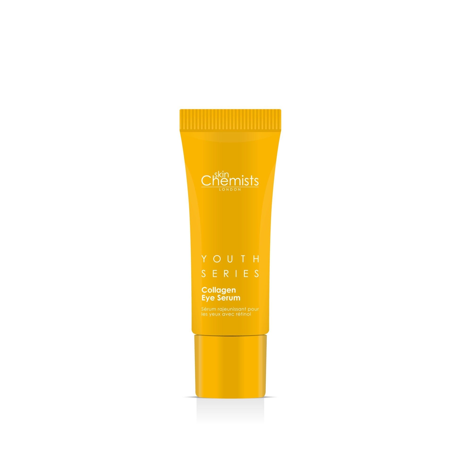 Gelbe Tube mit Schriftzug. Produktname: Collagen Eye Serum. Marke: SkinChemists London. Aufschrift: Youth Series.