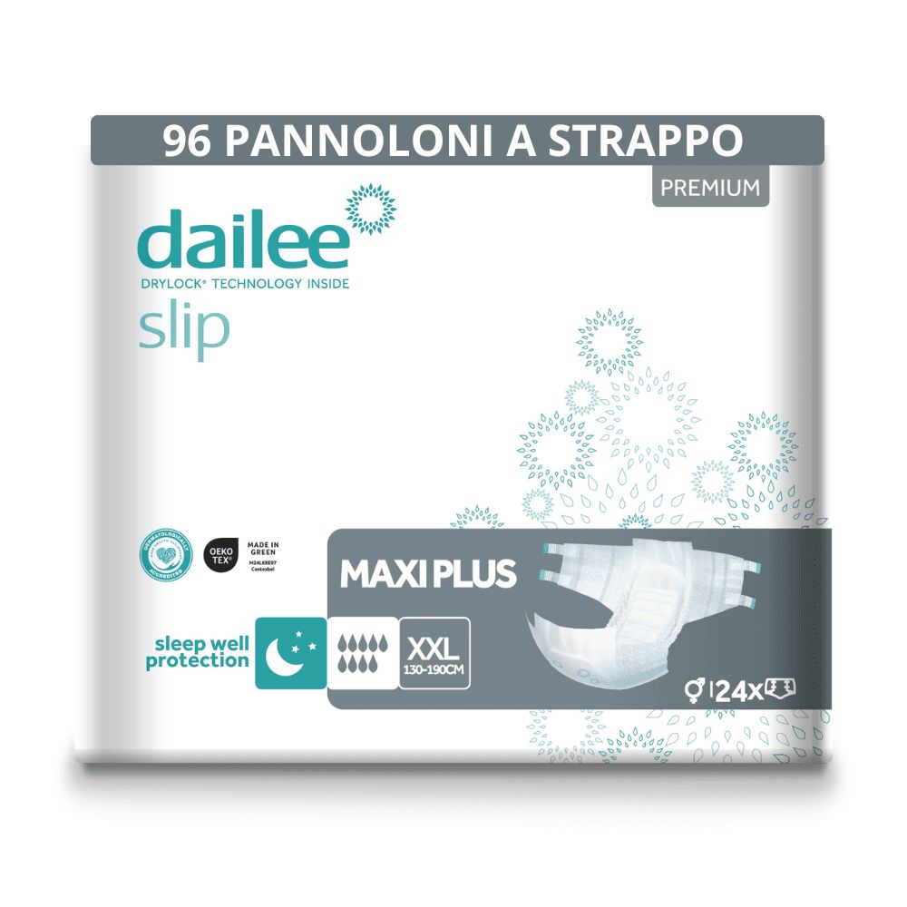 Dailee Slip Maxi Plus Inkontinenz Windeln für Erwachsene. Verpackung mit 96 Stück. XXL-Größe, 130-160cm. Mit Drylock-Technologie.