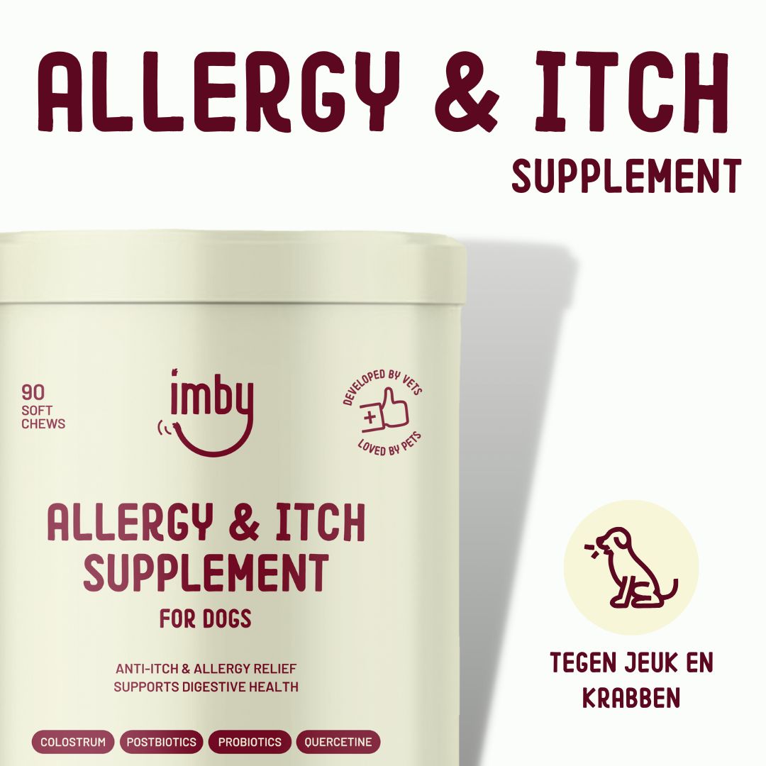 Imby Allergy & Itch Supplement für Hunde. 90 weiche Kausnacks mit Kolostrum, Postbiotika, Probiotika, Quercetin.