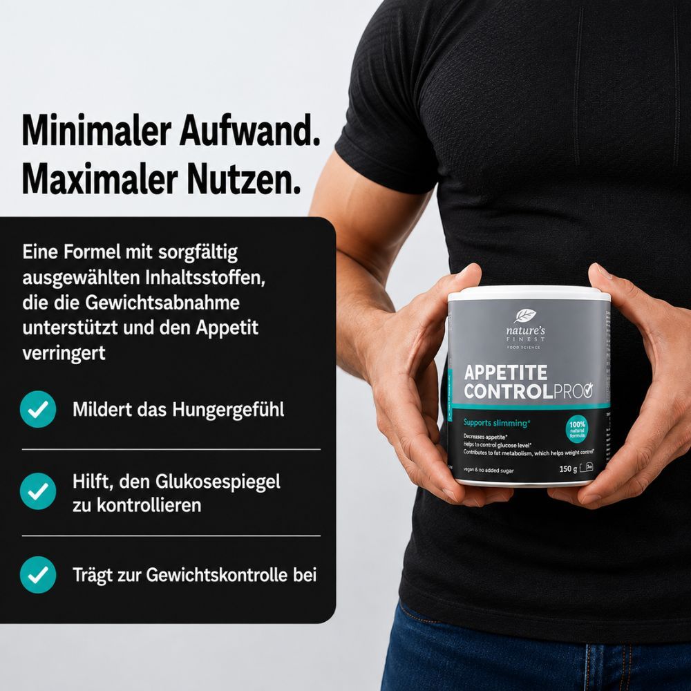 Mann hält Dose Nature's Finest Appetite Control PRO. Minimale Anstrengung, maximaler Nutzen. Unterstützt Gewichtsabnahme.