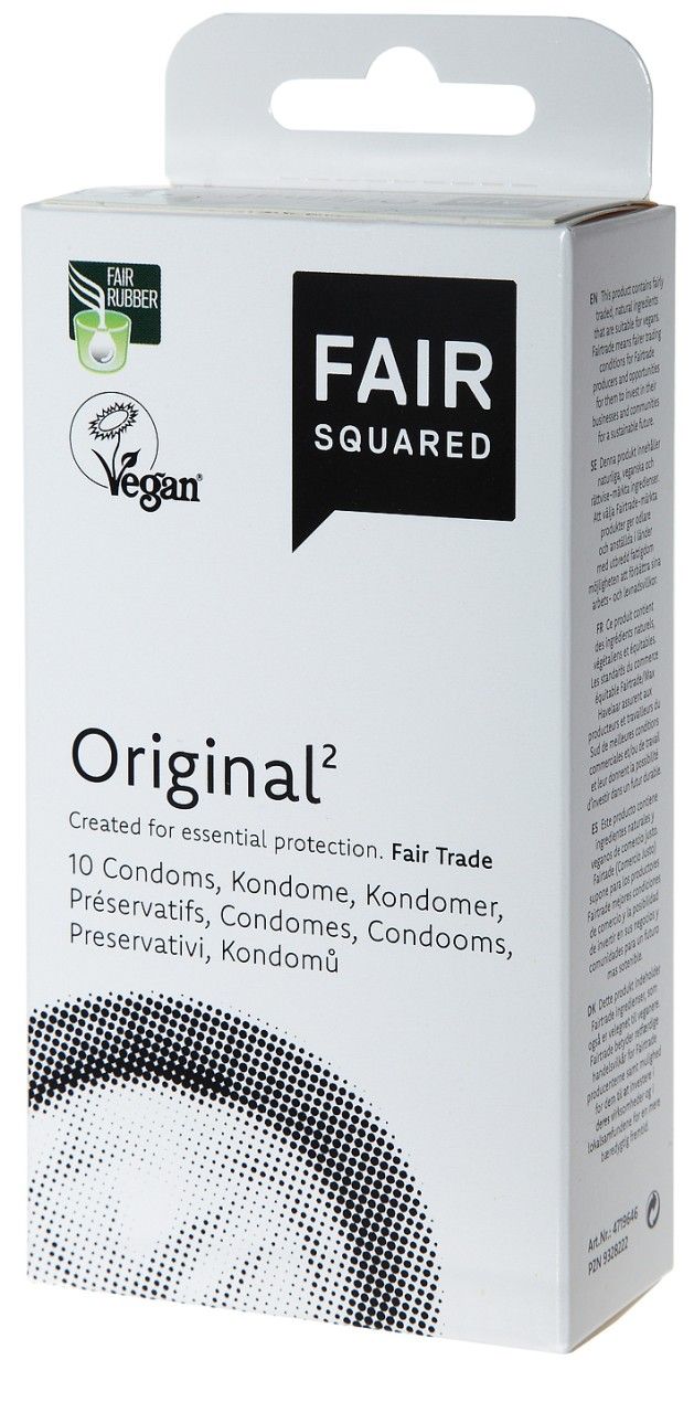 Produktverpackung mit "Fair Squared" und "Original" Schriftzügen. Vegan-Siegel. Enthält 10 Kondome.
