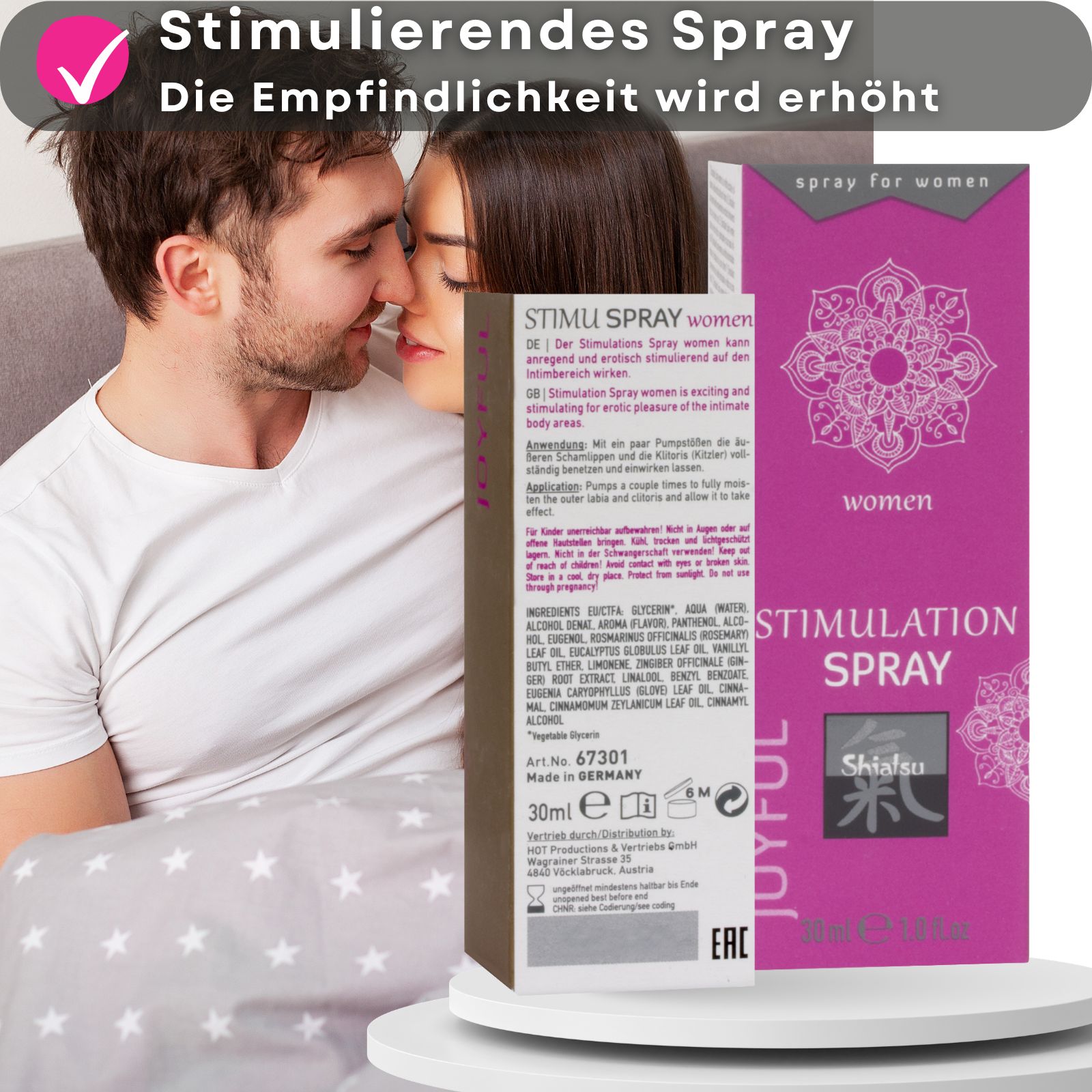 Goldfarbene Sprühflasche und Produktverpackung mit Text. Paar im Bett. Aufschrift: STIMULATION SPRAY, Shiatsu, 30 ml.