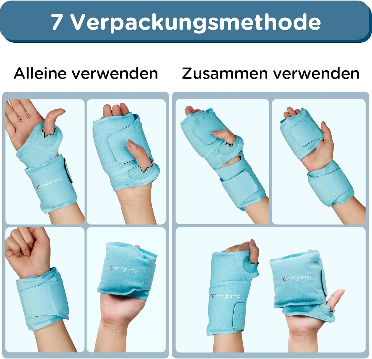 Sieben Verpackungsmethoden für Kühlpacks für Hand und Handgelenk.