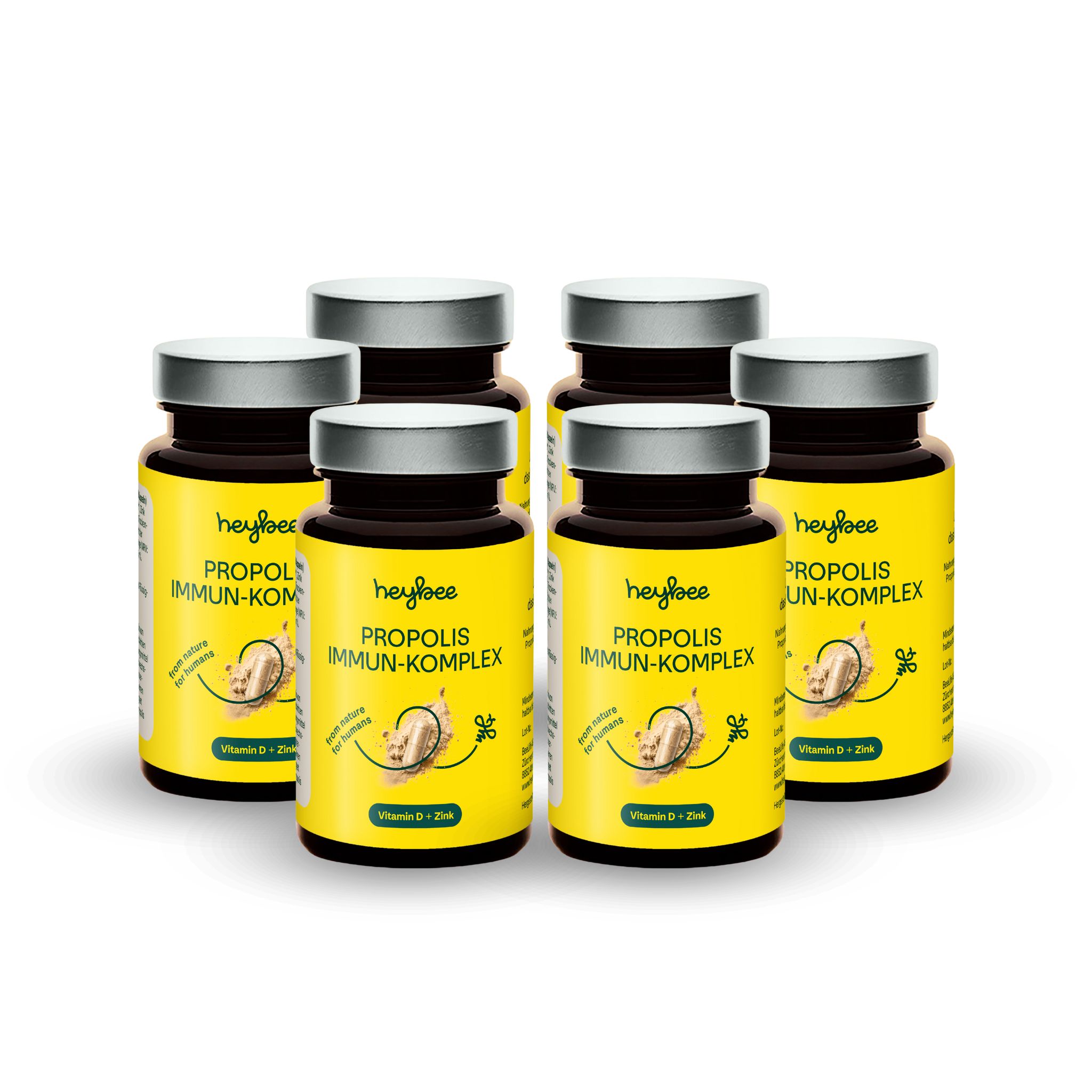 Fünf Flaschen Heybee Propolis Immun-Komplex. Gelbes Etikett. Enthält Vitamin D + Zink. Aufschrift: Propolis Immun-Komplex.