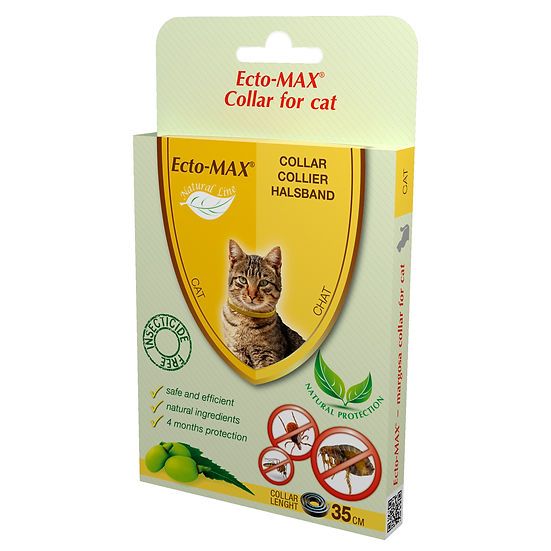 Verpackung eines Katzenhalsbands. Aufdruck: Ecto-MAX, Collar for cat. Abbildung einer Katze mit Halsband. Text: 35 cm, Insektizidfrei.