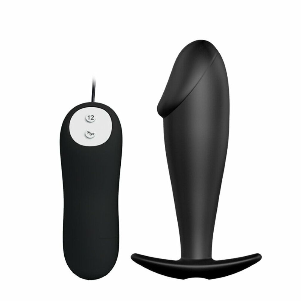 Schwarzer Analplug mit T-förmiger Basis und Fernbedienung mit zwei Knöpfen.