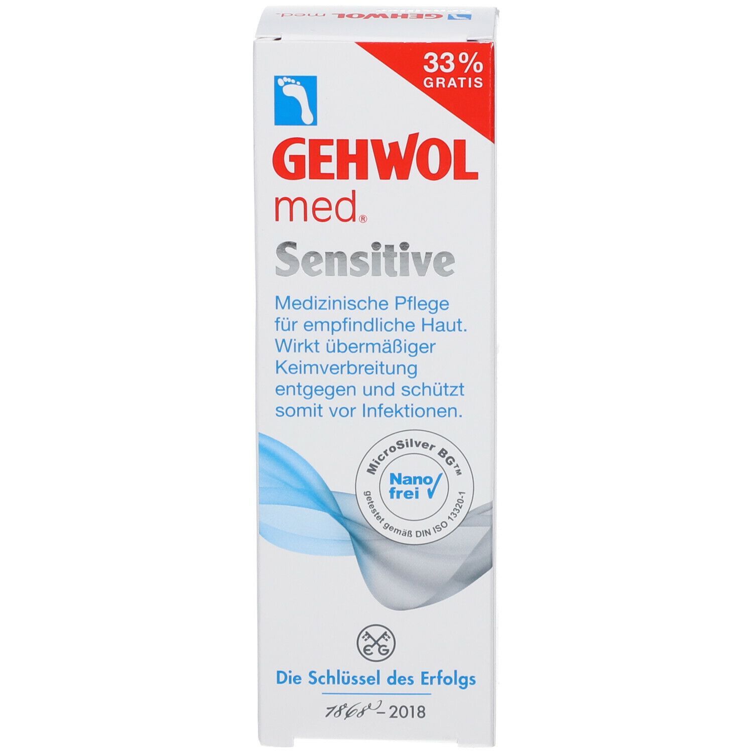 GEHWOL med Sensitive Creme. Schachtel. Weiß, blau, rot. Text: Sensitive, MicroSilver BG, Nano-frei, 33% gratis.