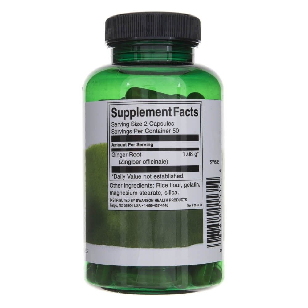 Rückseite einer grünen Flasche mit Swanson Ingwerwurzel Kapseln, Supplement Facts.