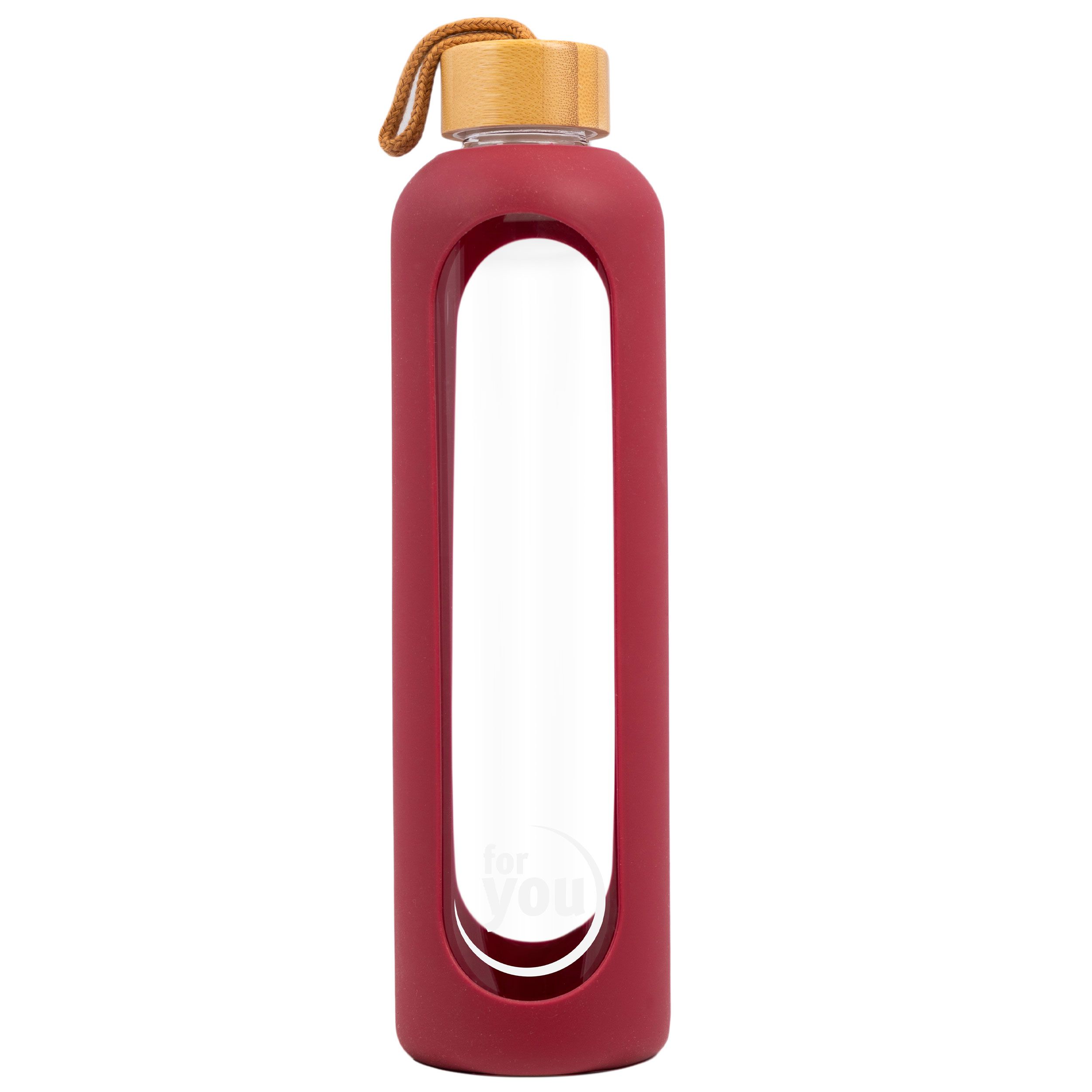 Nachhaltige Trinkflasche aus Glas mit roter Silikonhülle und Bambusdeckel.