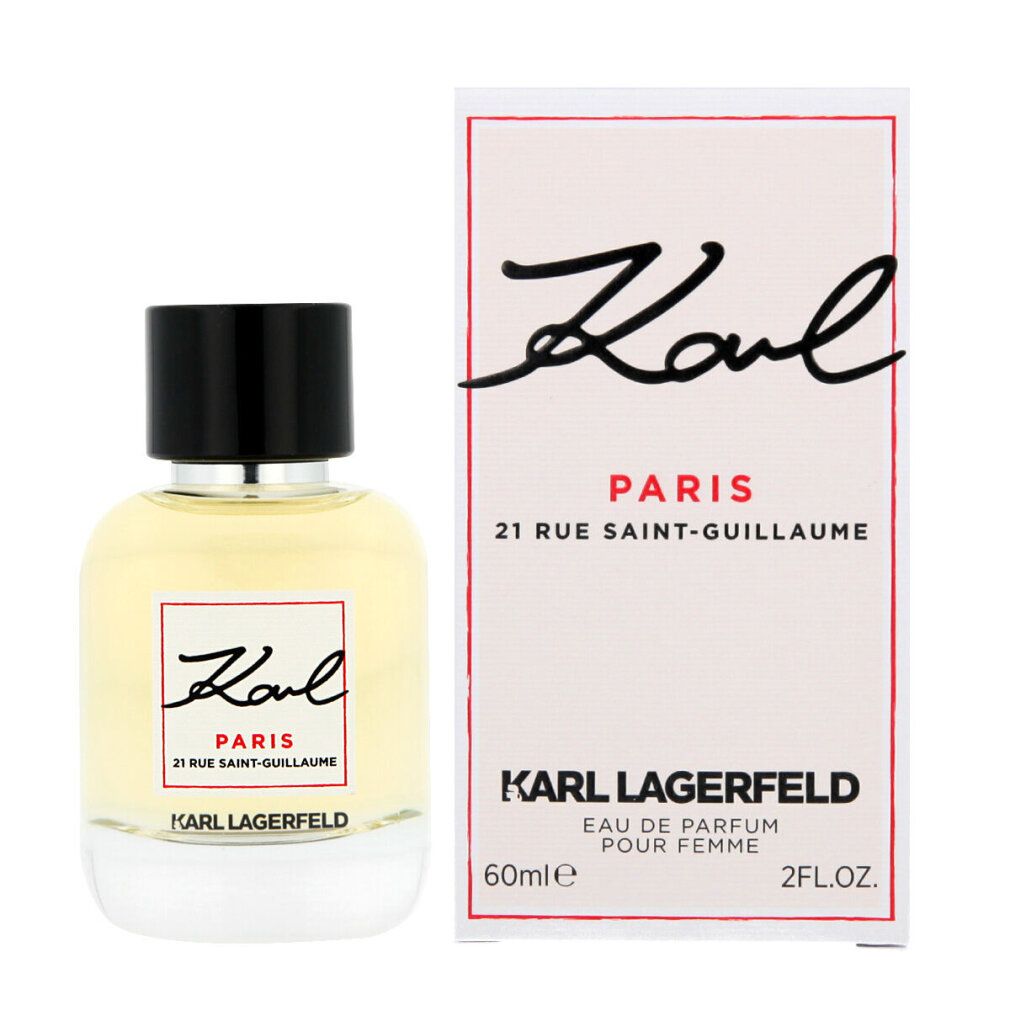 Parfümflakon und Verpackung. Auf der Verpackung steht Karl Paris 21 Rue Saint-Guillaume. Karl Lagerfeld ist ebenfalls zu sehen.