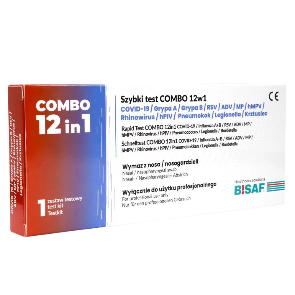Testkit-Packung. Text: Combo 12 in 1, Schnelltest, COVID-19, Influenza, RSV, etc. Für professionelle Anwendung. Marke: BISAF.