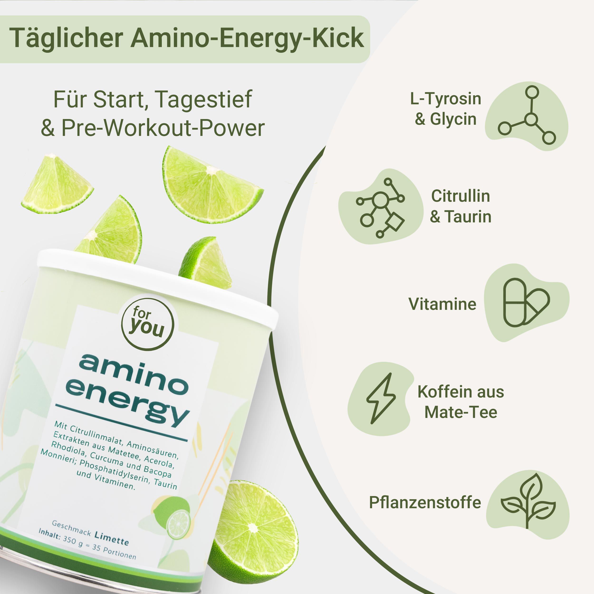 Grafik mit Inhaltsstoffen und Dose mit Aufschrift: for you amino energy. Limetten und Text.
