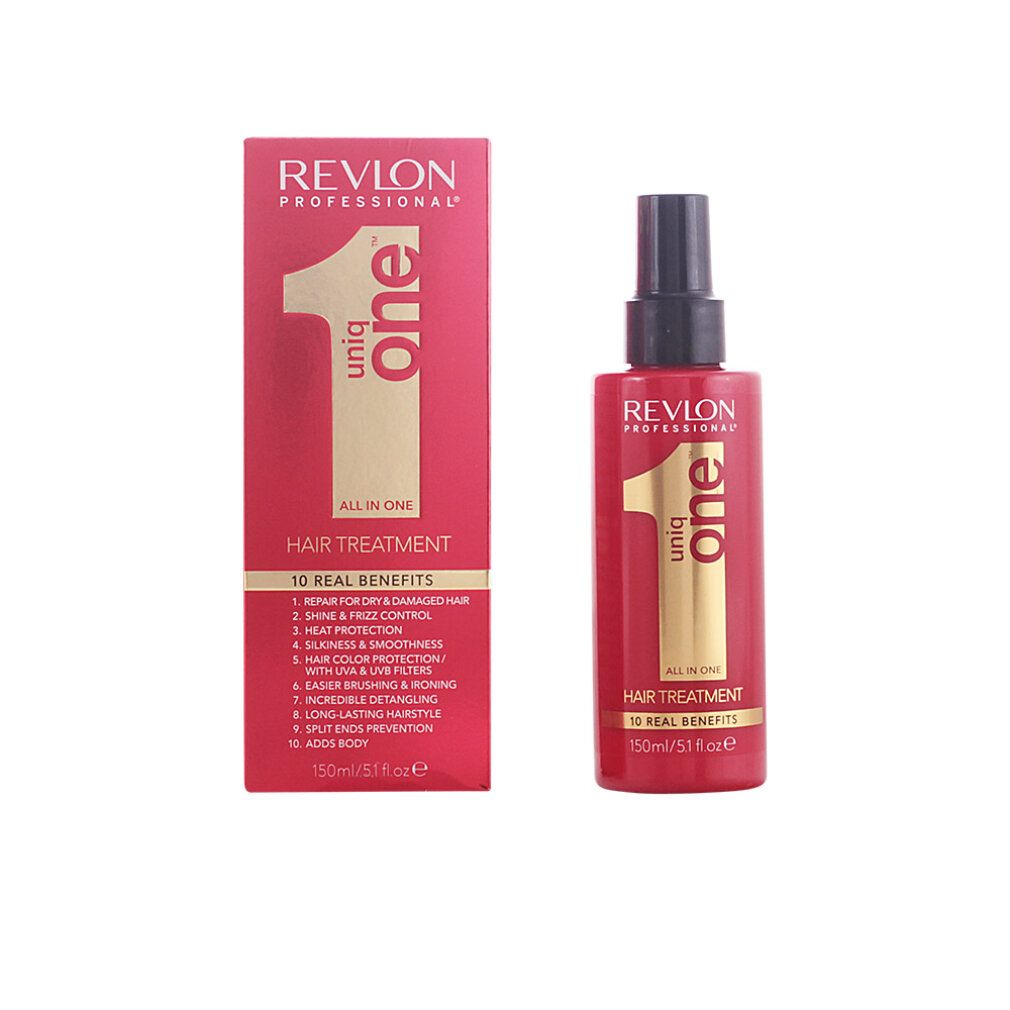 Rote Flasche und Verpackung von Revlon Uniq One. Aufschrift: All in One Hair Treatment. 10 Vorteile. Sprühkopf.
