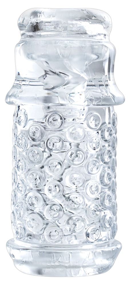 Transparentes, zylindrisches Produkt mit Noppenstruktur. Ober- und Unterseite mit breiterem Rand. Aus transparentem Material.