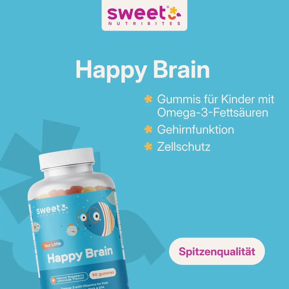 Blaues Hintergrundbild mit Produktflasche. Produktname und Text. Gummis für Kinder mit Omega-3-Fettsäuren. Gehirnfunktion. Zellschutz. Spitzenqualität.