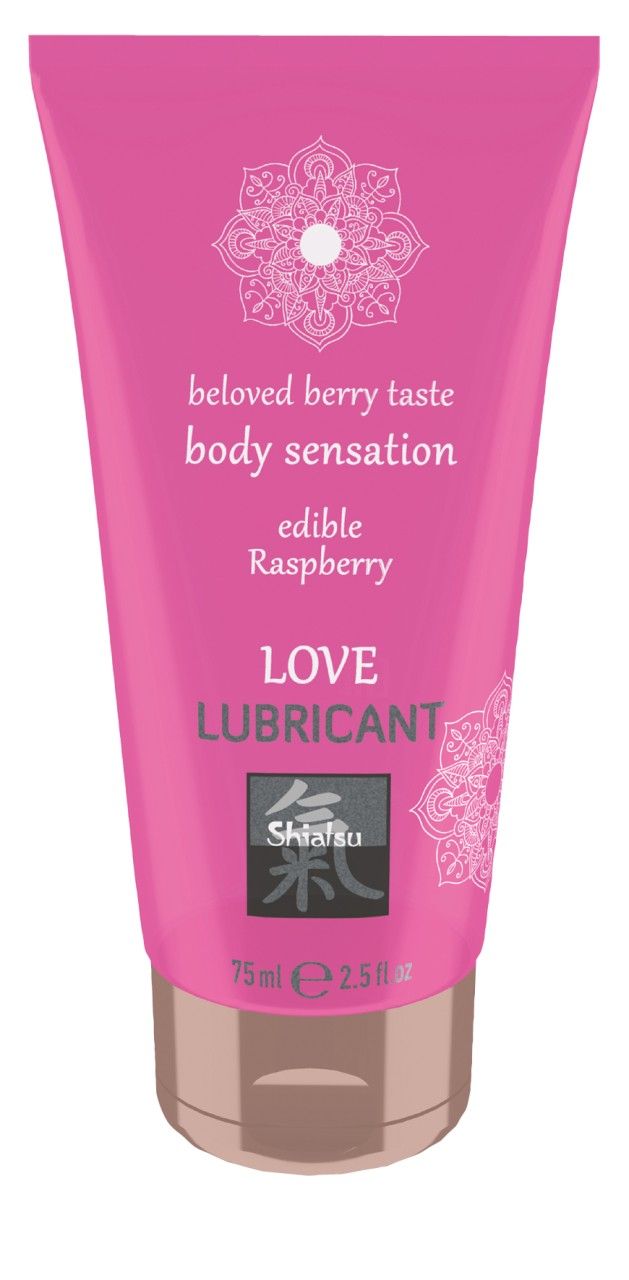 Rosa Tube mit weißer Schrift. Text: beloved berry taste, body sensation, edible Raspberry, LOVE LUBRICANT. Marke: Shiatsu.